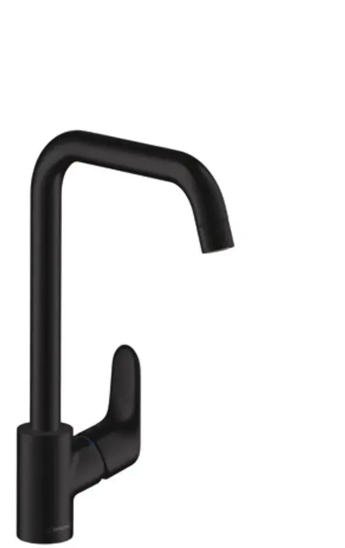 Spültischmischer in mattschwarz von Hansgrohe mit einem hohen, gebogenen Auslauf und einem seitlichen Griff zur Einstellung von Wassertemperatur und -fluss.